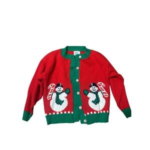 Vintage 90s OshKosh Snowman Christmas Cardigan Kids Medium Chunky Knit Retro